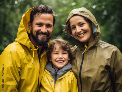 Great time on rainy day with my family. happy family in yellow raincoats