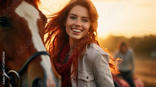 Portrait of a beautiful red-haired girl with a horse in the park