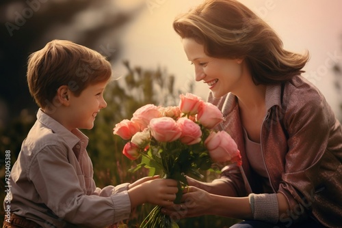 happy mother's day! child son gives flowers for mother on holiday 