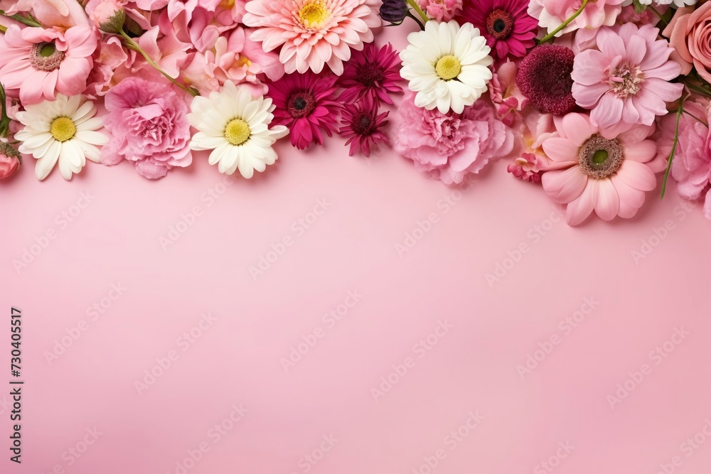 Floral border, assorted garden flowers background, romantic pink backdrop, flat lay, top view 