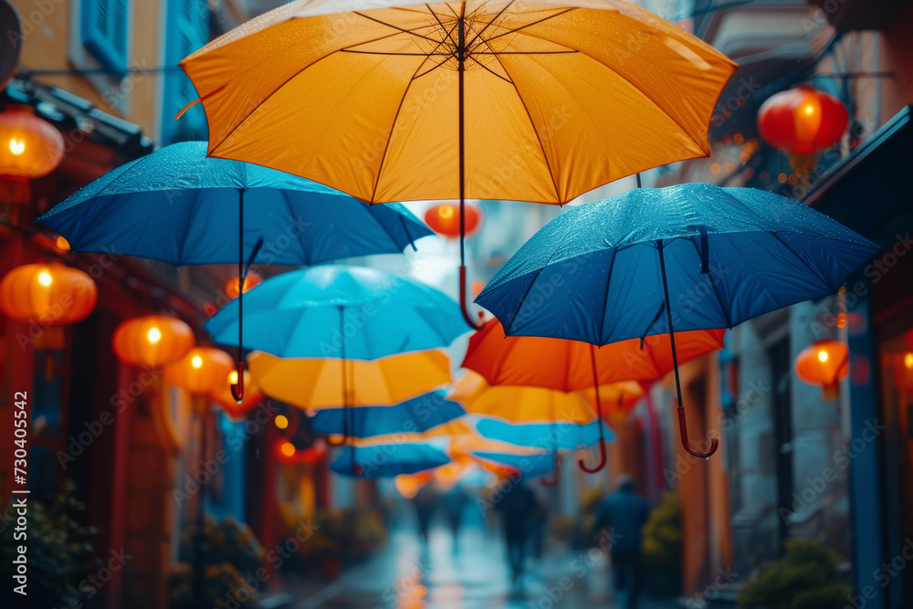 Fototapeta premium A series of colorful umbrellas suspended above a busy street, creating a vibrant and festive atmosphere. Concept of street decoration and celebration. Generative Ai.