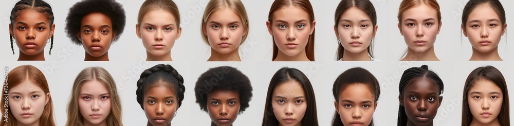 a series of headshots featuring young women from around the world, each displaying a serious expression. a series of headshots featuring young women from around the world, each displaying a serious expression.
