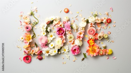 Letters    Love    written in flowers on a clean  light background