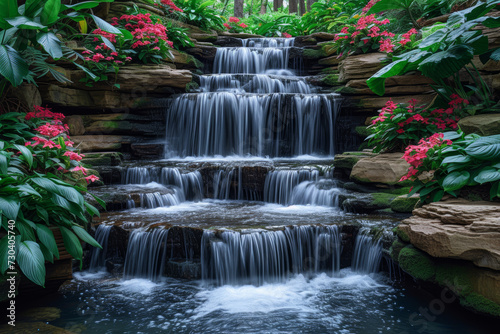 A cascading waterfall framed by lush greenery, illustrating the soothing and rejuvenating power of nature. Concept of natural serenity and tranquility. Generative Ai.