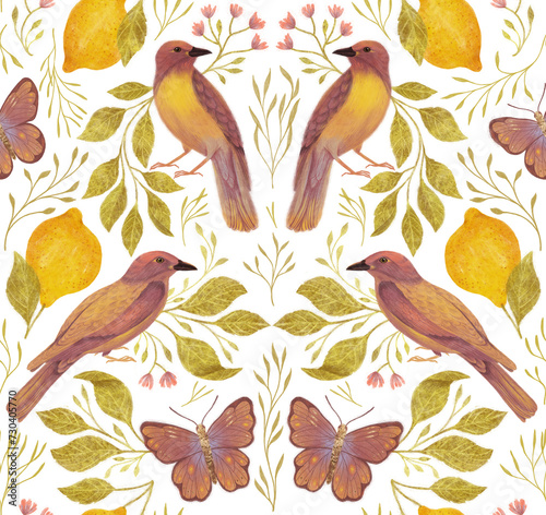 Wallpaper Mural Symmetrical seamless pattern with birds, leaves, lemons, butterflies. Tropical watercolor pattern on a white background. Torontodigital.ca