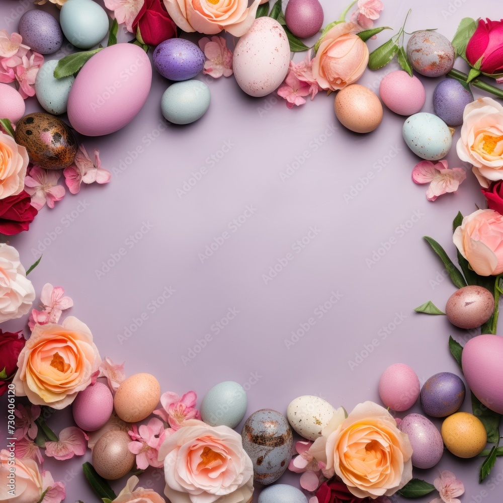 Rose background with colorful easter eggs round frame
