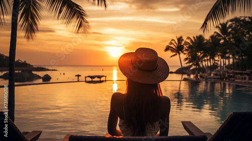 Woman in a hat enjoying a tropical sunset by the pool