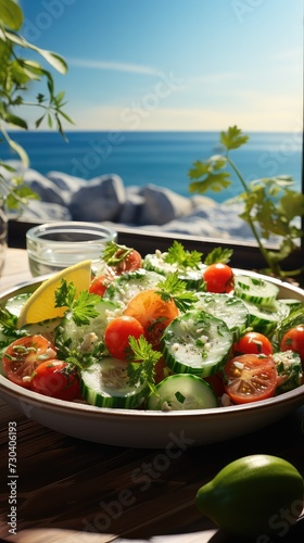 Crisp greens, vibrant tomatoes, and breezy cucumber. Waves whisper, sun sparkles. Drizzle of dressing, taste of ocean air. A fresh, seaside feast! 