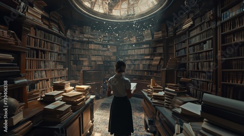A female researcher in a modern library surrounded by dusty books, movie still, back shot