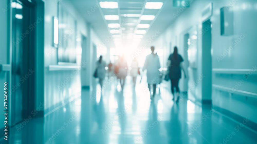 Motion blurred hospital corridor with doctors in uniform and people running.