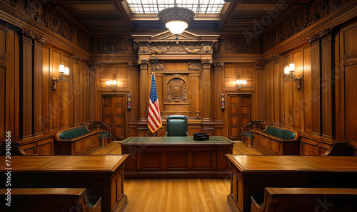Elegant and traditional wooden courtroom interior with judge's bench, witness stand, and American flag symbolizing justice and legal proceedings photo
