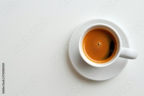 A freshly brewed espresso shot, rich crema, on a minimalist white background