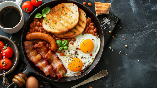 English breakfast in pan with fried eggs, sausages and bacon on a black background