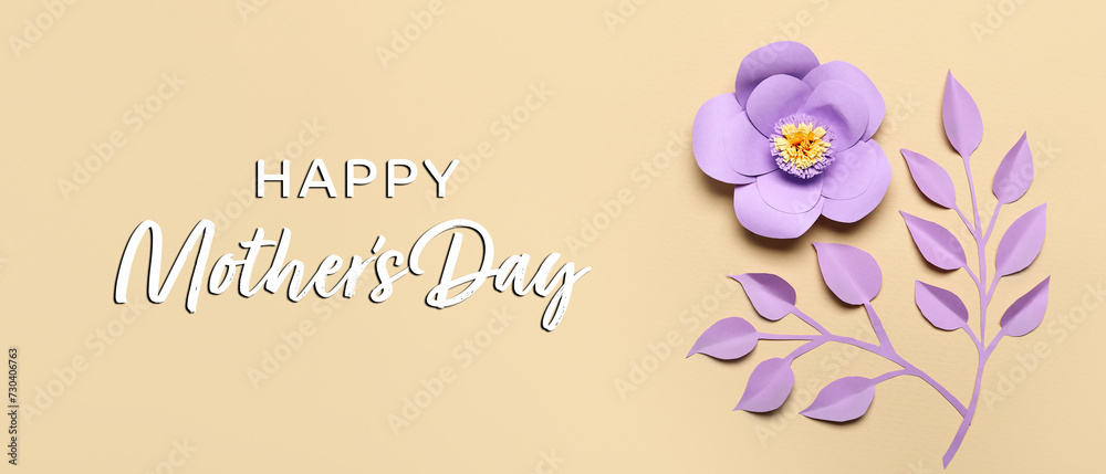 Greeting banner for Mother's Day with paper flower and leaves