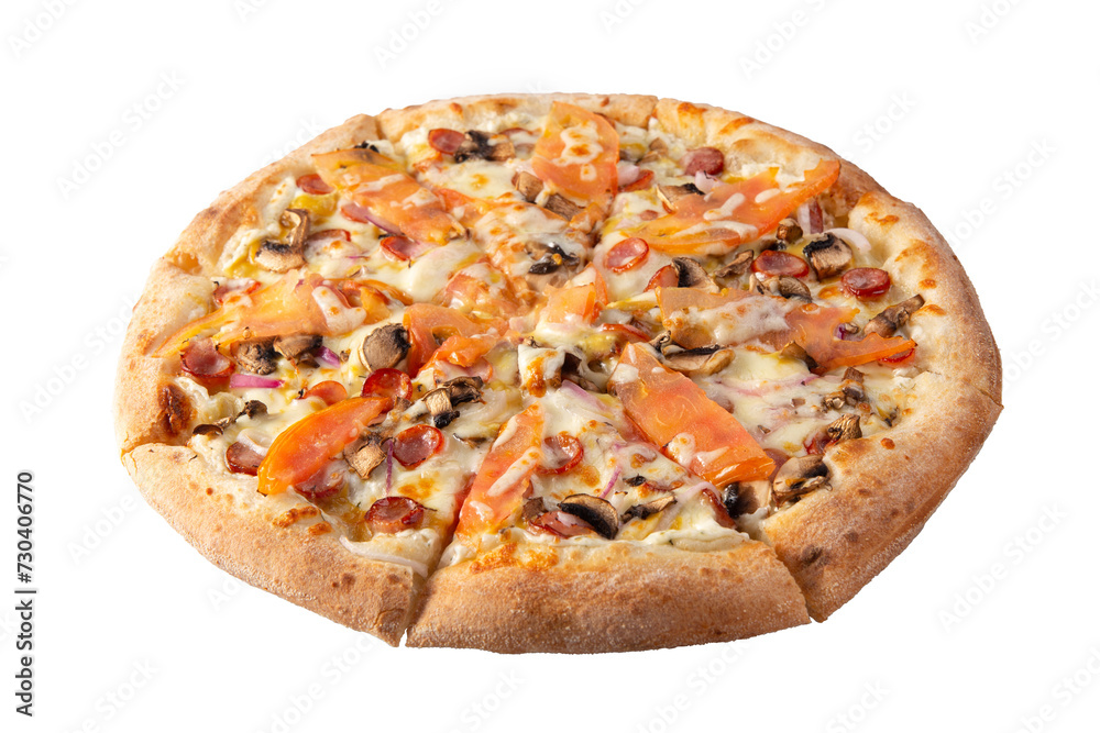 Delicious italian pizza with mushrooms, vegetables and cheese isolated on white background. 