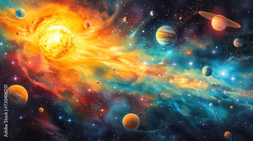 Artistic representation of a vibrant cosmic galaxy with a diverse array of planets orbiting a luminous central sun amidst a star-studded nebula photo