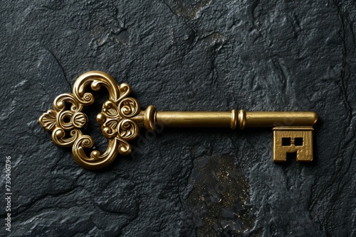 A golden key with intricate design, isolated on a deep black velvet background. © furyon