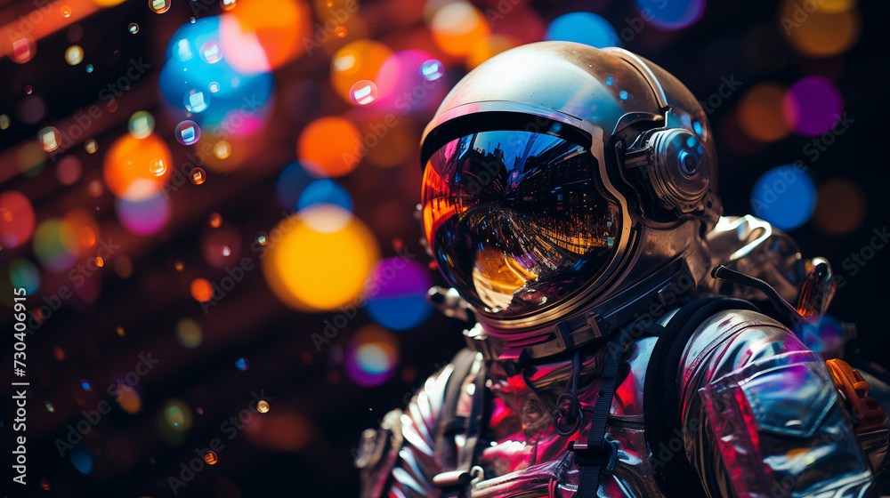 An astronaut in space wears a helmet, in the style of colorful surrealism.