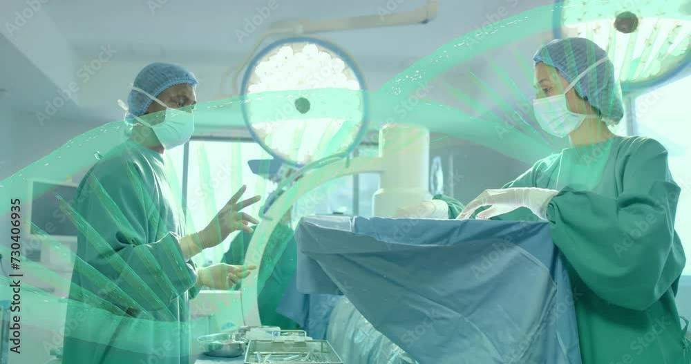 Animation of dna strands over diverse surgeons in hospital Animation of dna strands over diverse surgeons in hospital