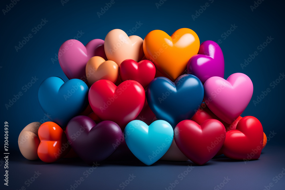  Colorful hearts stacked on top of one another on a dark blue background.