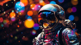 An astronaut in space wears a helmet, in the style of colorful surrealism.