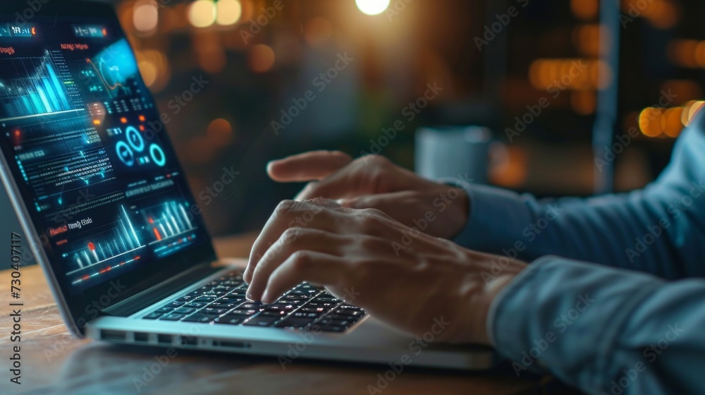 ERP, document management concept. Businessman working with laptop computer with icons on virtual screen and office blur background. ERP, document management concept. Businessman working with laptop computer with icons on virtual screen and office blur background.