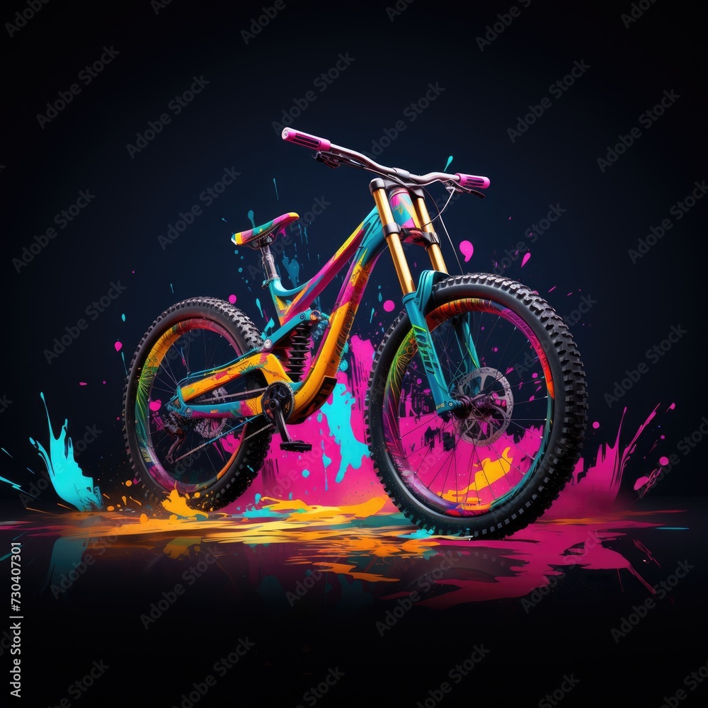 Fototapeta premium Colorful motocross bike with paint splashes on dark background