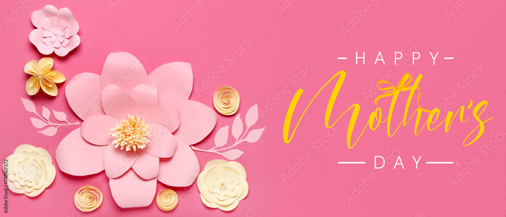 Greeting banner for Mother's Day with paper flowers and leaves