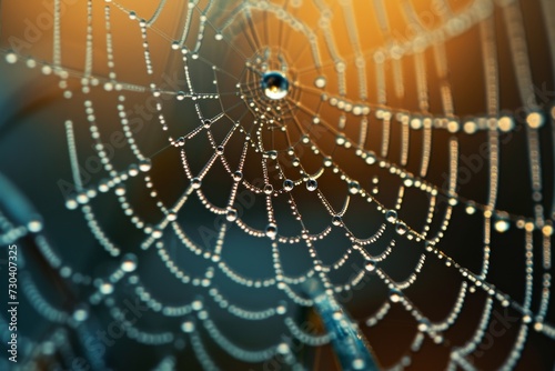 A macro shot of water droplets on a spider web at dawn