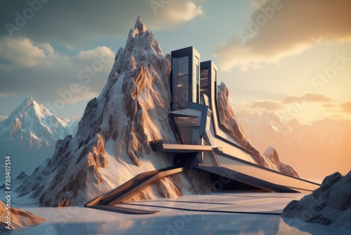 Steep Modern building mountain road. Floor square. Generate Ai