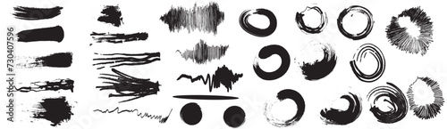  Different ink brush strokes:rectangle,square and round freehand drawings.Ink splatters,grungy painted lines,artistic design elements:waves,circles,triangles.Vector paintbrush set. 