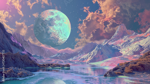 Surreal landscape with oversized moon and colorful sky. Fantasy artwork.