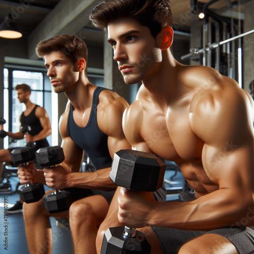 Men with big muscles train with dumbbells in the gym, close up. Healthy lifestyle concept