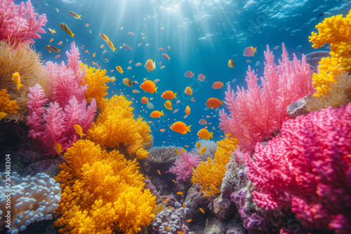 A symphony of colors in a vibrant coral reef, showcasing the rich biodiversity and fragile beauty of underwater ecosystems. Concept of marine diversity. Generative Ai. © Sebastian