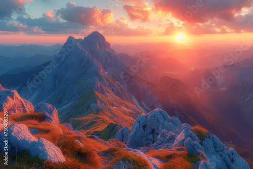 A panoramic view of a mountain range during the golden hour, capturing the breathtaking grandeur of alpine landscapes. Concept of mountainous splendor. Generative Ai.