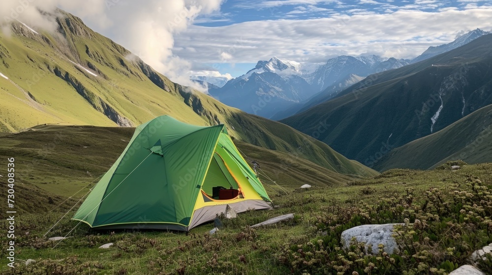 A green tent pitched up on a grassy hill