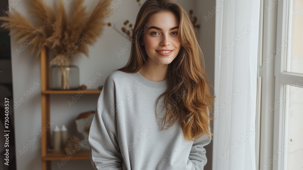 Mockup photography of a natural smiling beautiful looking woman wearing a high quality grey sweatshirt. her hands in her jean pockets. bright room with natural lighting
