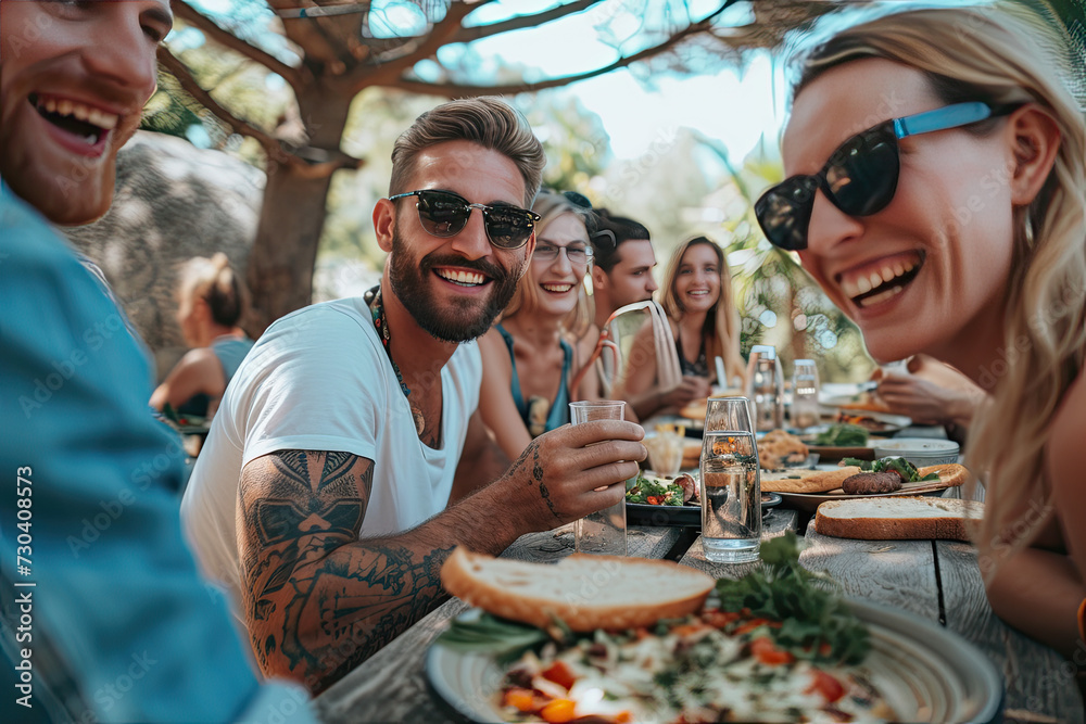 A circle of friends sharing laughter and relishing a meal at an al fresco restaurant amidst the summer season A circle of friends sharing laughter and relishing a meal at an al fresco restaurant amidst the summer season
