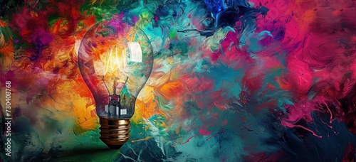 Abstract light bulb surrounded by dynamic bursts of vibrant colors. © Postproduction
