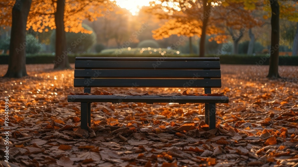 A simple wooden bench stands amidst fallen leaves, the rising sun casting long shadows