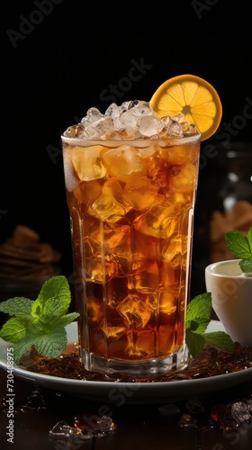 Iced tea, sweet and creamy. Dark tea poured over ice, swirls of condensed milk. It's a sip of refreshment, balancing sweetness and coolness. Thai iced tea, a flavorful escape 