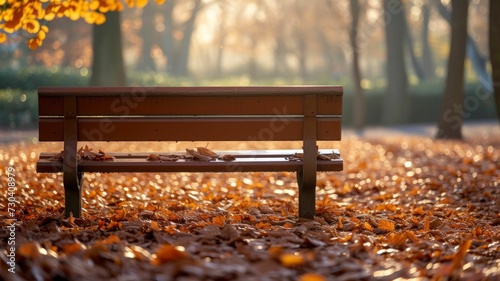 lone wooden bench rests in a sea of autumn leaves, the sun's rays stretching long shadows