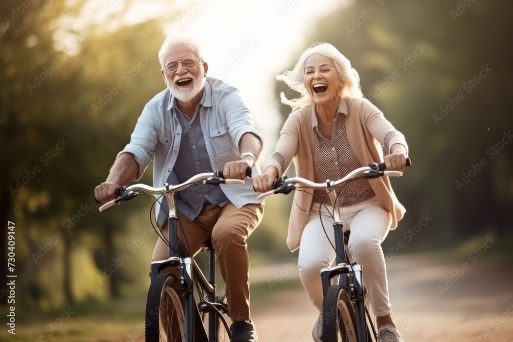 Obraz premium a couple of active cheerful pensioners ride bicycles in the park. Active lifestyle and good health concept