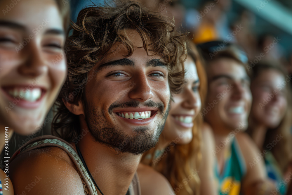 Friends laughing and cheering at a sports game, capturing the excitement and camaraderie of shared interests. Concept of sportsmanship and friendship. Generative Ai. Friends laughing and cheering at a sports game, capturing the excitement and camaraderie of shared interests. Concept of sportsmanship and friendship. Generative Ai.