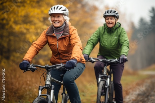 daughter and mother, a pensioner, ride bicycles in the autumn park. The concept of joint leisure with retired parents © Kate
