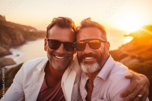 a couple of men smile and take a selfie against the backdrop of the sea and sunset. The concept of a tourist holiday and summer mood, an unconventional couple.
