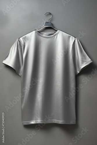 Silver t shirt is seen against a gray wall