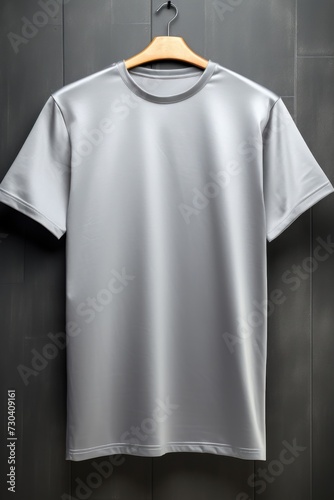 Silver t shirt is seen against a gray wall