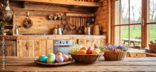 Pastel colored easter eggs in baskets on wooden tabletop at cozy rustic kitchen in cabin, out of focus background, warm welcoming atmosphere, wide banner with copy space for text