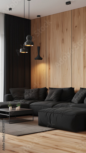  Modern living room, with wooden walls and black furniture, minimalist style. Interior design. Modern futuristic house.